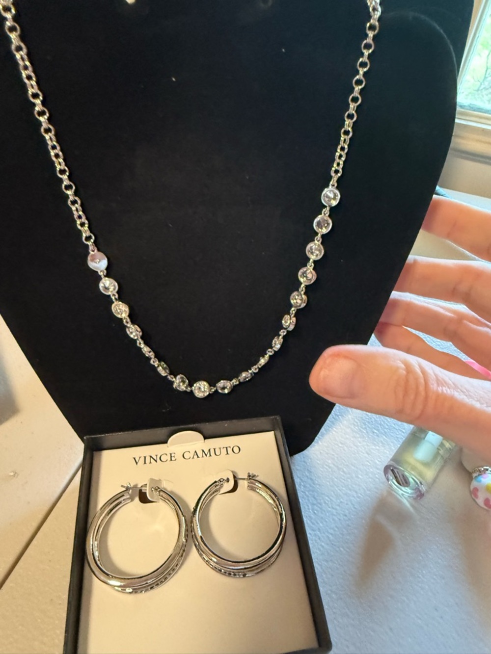 Vince Camuto Silver-Tone Clear Crystal Necklace   And Faceted stone earrings
